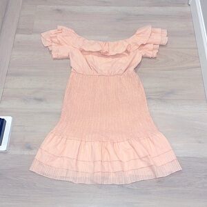 Hazel & Olive Boutique online Pink Peach Mini Dress M ruffles off shoulder